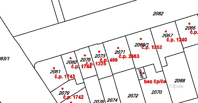Královo Pole 496, Brno na parcele st. 2073 v KÚ Královo Pole, Katastrální mapa
