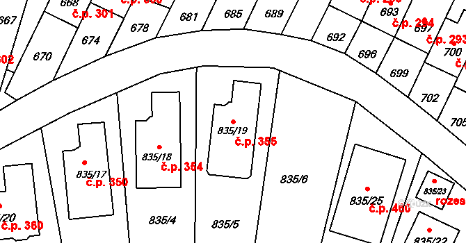 Lipůvka 355 na parcele st. 835/19 v KÚ Lipůvka, Katastrální mapa
