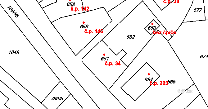 Jablůnka 34 na parcele st. 661 v KÚ Jablůnka, Katastrální mapa