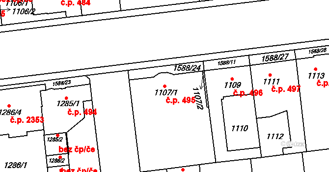 Horní Počernice 495, Praha na parcele st. 1107/1 v KÚ Horní Počernice, Katastrální mapa
