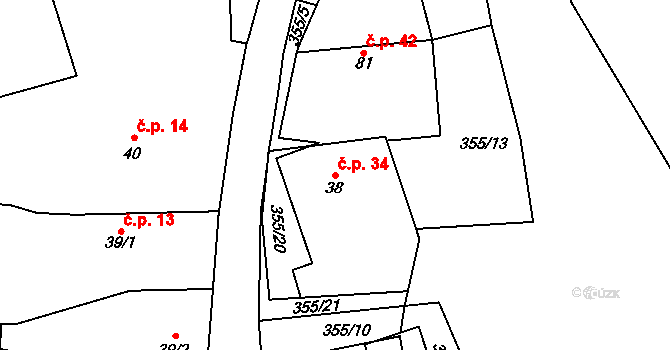 Černín 34, Zdice na parcele st. 38 v KÚ Černín u Zdic, Katastrální mapa