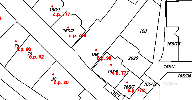 Rožmitál pod Třemšínem 98 na parcele st. 166 v KÚ Rožmitál pod Třemšínem, Katastrální mapa