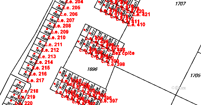 Kuřim 399 na parcele st. 3940 v KÚ Kuřim, Katastrální mapa