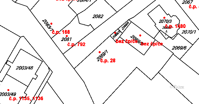 Doubravka 28, Plzeň na parcele st. 2069/1 v KÚ Doubravka, Katastrální mapa