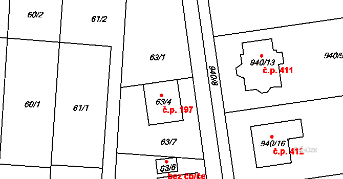 Rajhradice 197 na parcele st. 63/4 v KÚ Rajhradice, Katastrální mapa