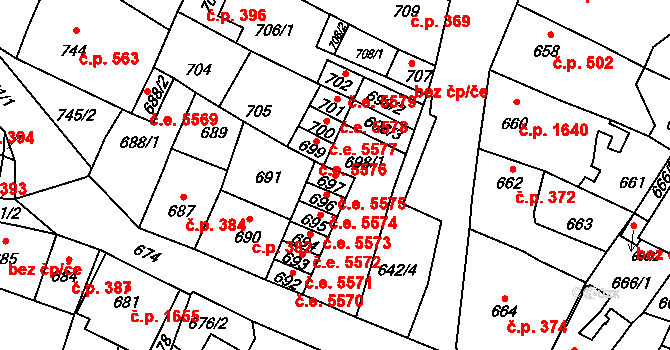 Kadaň 5575 na parcele st. 697 v KÚ Kadaň, Katastrální mapa