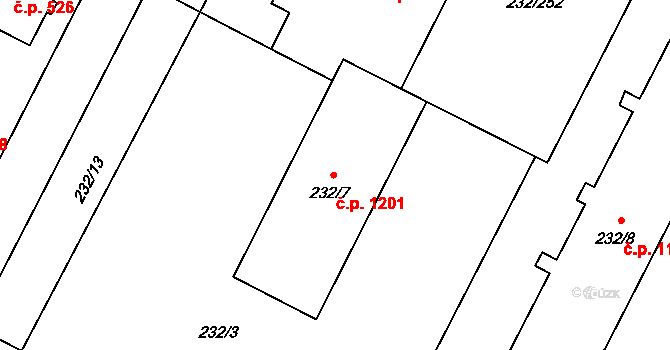 Lobzy 1201, Plzeň na parcele st. 232/7 v KÚ Lobzy, Katastrální mapa