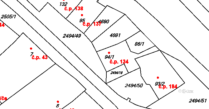 Mouřínov 134 na parcele st. 94/1 v KÚ Mouřínov, Katastrální mapa