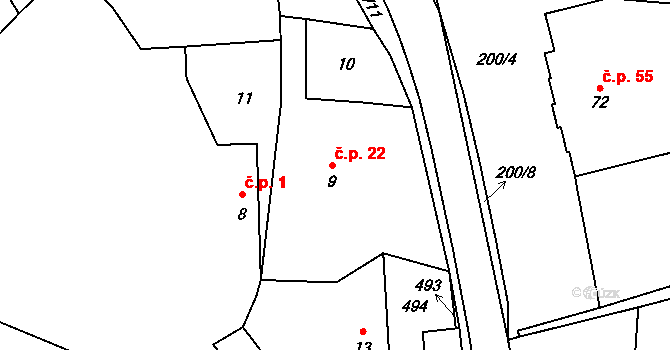Hlína 22, Horka na parcele st. 9 v KÚ Hlína, Katastrální mapa