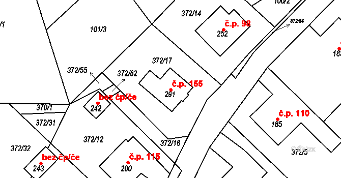 Zvole 155 na parcele st. 291 v KÚ Zvole nad Pernštejnem, Katastrální mapa