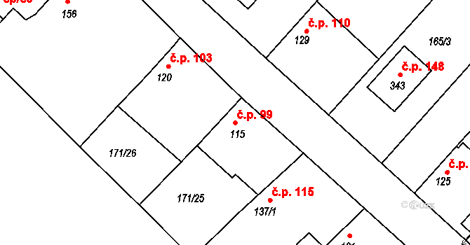 Konětopy 99 na parcele st. 115 v KÚ Konětopy, Katastrální mapa