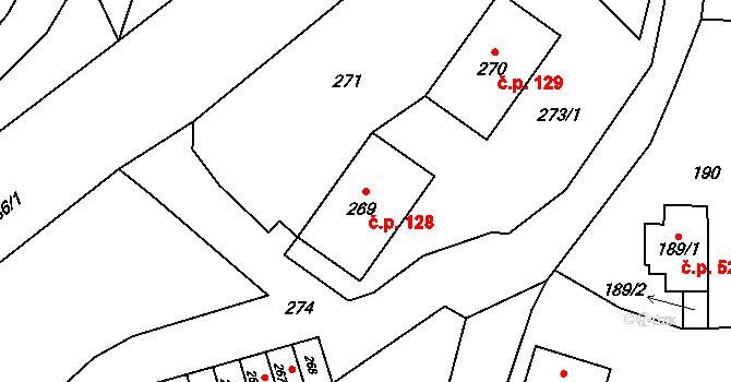 Fulnek 128 na parcele st. 269 v KÚ Fulnek, Katastrální mapa