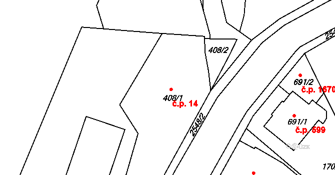 Humpolec 14 na parcele st. 408/1 v KÚ Humpolec, Katastrální mapa