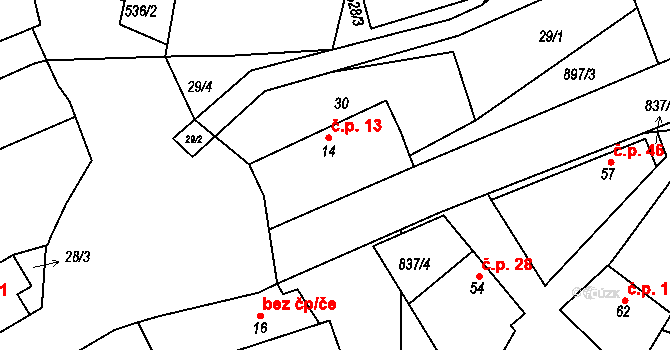 Křižanov 13 na parcele st. 14 v KÚ Křižanov u Branic, Katastrální mapa