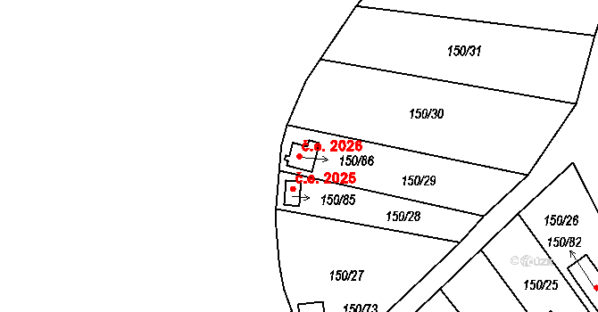 Domanínek 2026, Bystřice nad Pernštejnem na parcele st. 150/86 v KÚ Domanínek, Katastrální mapa