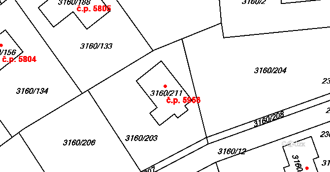 Chomutov 5956 na parcele st. 3160/211 v KÚ Chomutov II, Katastrální mapa