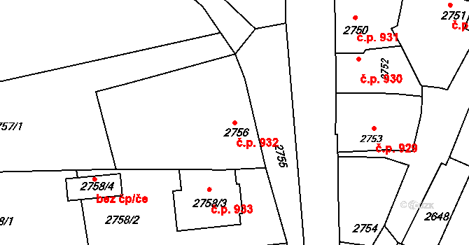 Rakšice 932, Moravský Krumlov na parcele st. 2756 v KÚ Moravský Krumlov, Katastrální mapa