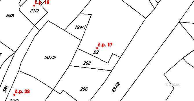Předbořice 17, Černíny na parcele st. 22 v KÚ Předbořice, Katastrální mapa
