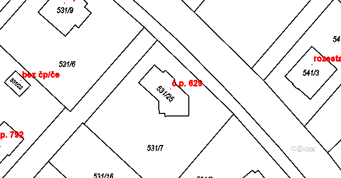 Krmelín 629 na parcele st. 531/25 v KÚ Krmelín, Katastrální mapa
