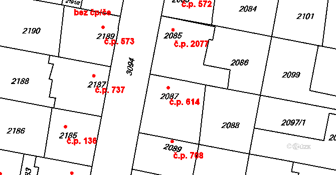 Čelákovice 614 na parcele st. 2087 v KÚ Čelákovice, Katastrální mapa