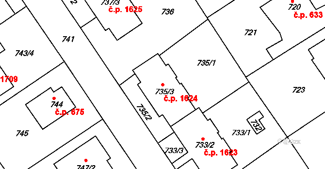 Roztoky 1624 na parcele st. 735/3 v KÚ Roztoky u Prahy, Katastrální mapa