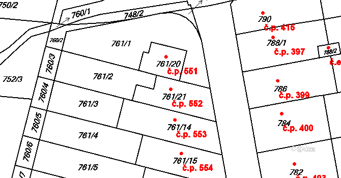Hrušovany u Brna 552 na parcele st. 761/21 v KÚ Hrušovany u Brna, Katastrální mapa