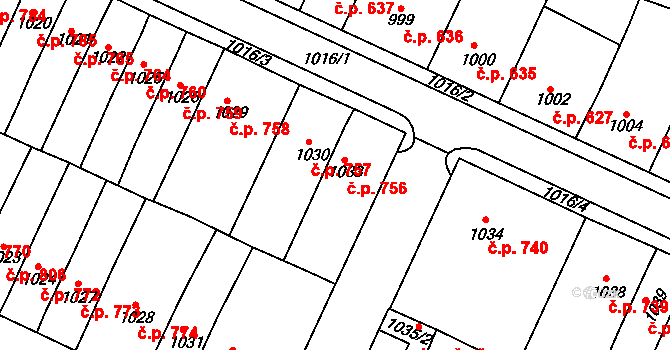 Tachov 756 na parcele st. 1033 v KÚ Tachov, Katastrální mapa