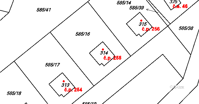 Broumy 255 na parcele st. 314 v KÚ Broumy, Katastrální mapa