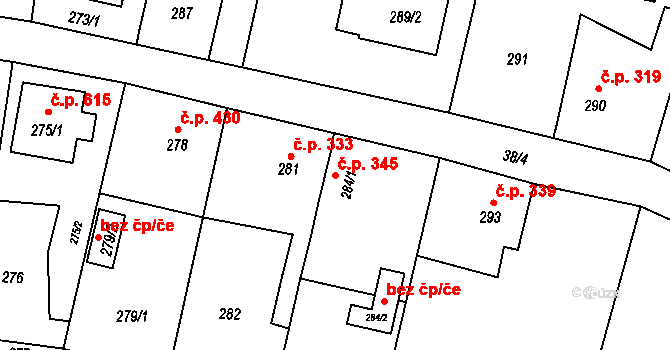 Skřečoň 345, Bohumín na parcele st. 284/1 v KÚ Skřečoň, Katastrální mapa