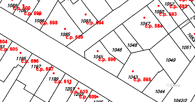 Pelhřimov 596 na parcele st. 1045 v KÚ Pelhřimov, Katastrální mapa