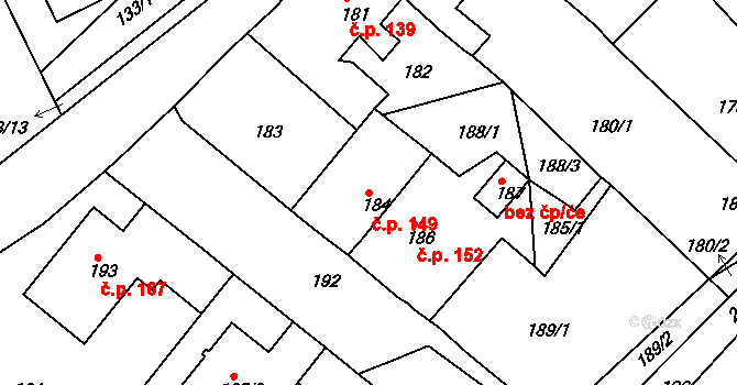 Hudcov 149, Teplice na parcele st. 184 v KÚ Hudcov, Katastrální mapa