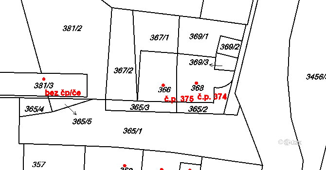 Řetenice 375, Teplice na parcele st. 366 v KÚ Teplice-Řetenice, Katastrální mapa