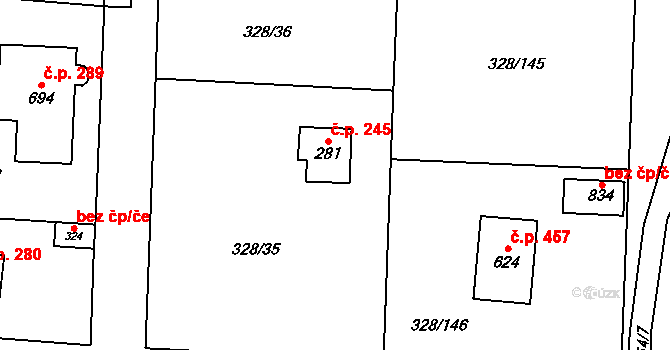 Stará Huť 245 na parcele st. 281 v KÚ Stará Huť, Katastrální mapa