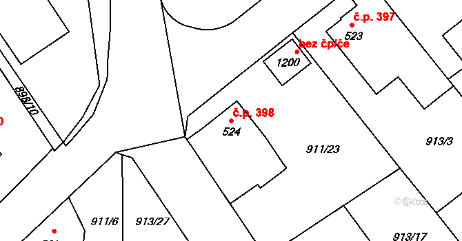 Rožmitál pod Třemšínem 398 na parcele st. 524 v KÚ Rožmitál pod Třemšínem, Katastrální mapa