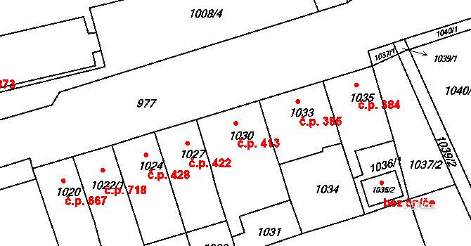 Jirkov 413 na parcele st. 1030 v KÚ Jirkov, Katastrální mapa