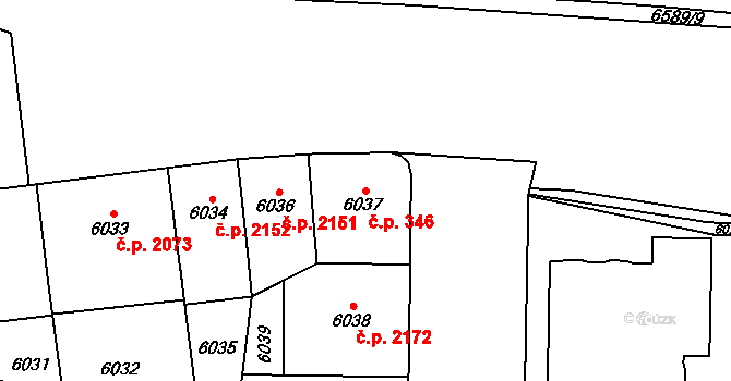 Jižní Předměstí 346, Plzeň na parcele st. 6037 v KÚ Plzeň, Katastrální mapa