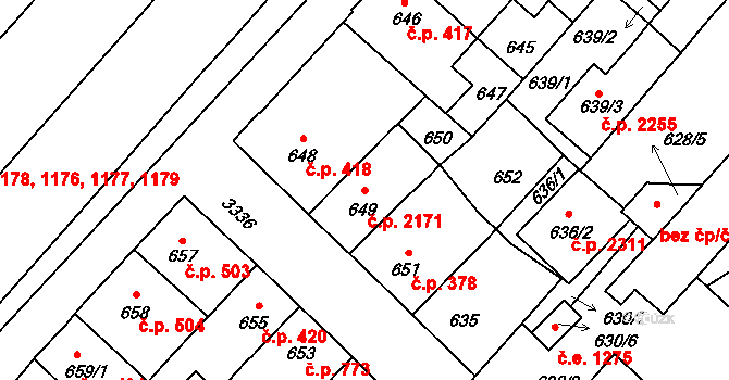Pelhřimov 2171 na parcele st. 649 v KÚ Pelhřimov, Katastrální mapa