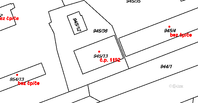 Skvrňany 1192, Plzeň na parcele st. 945/13 v KÚ Skvrňany, Katastrální mapa