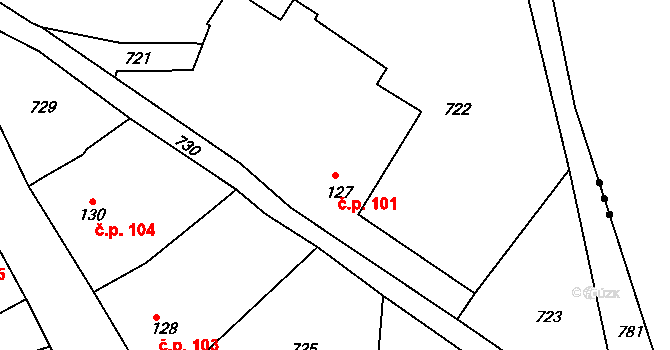 Zbrašín 101 na parcele st. 127 v KÚ Zbrašín, Katastrální mapa