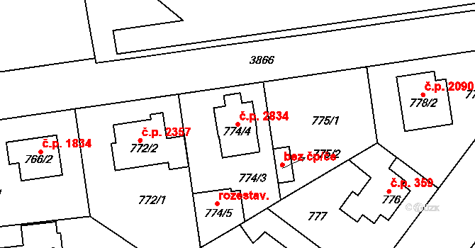 Horní Počernice 2834, Praha na parcele st. 774/4 v KÚ Horní Počernice, Katastrální mapa