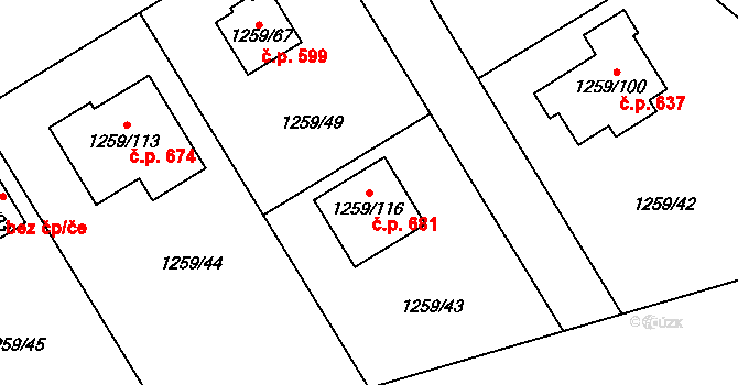 Proboštov 681 na parcele st. 1259/116 v KÚ Proboštov u Teplic, Katastrální mapa