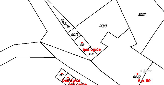Střelice 40974456 na parcele st. 86 v KÚ Střelice u Jevišovic, Katastrální mapa