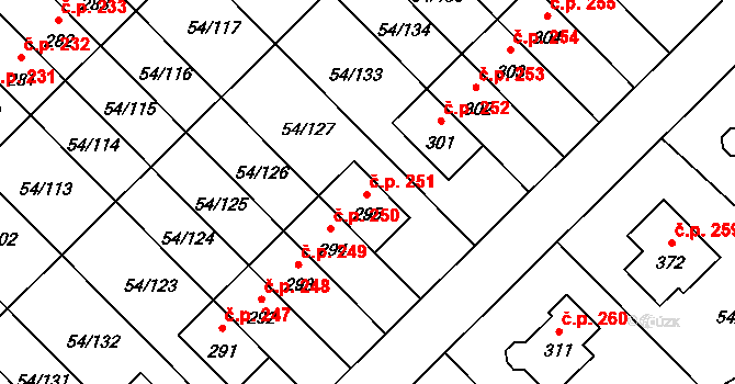 Postřižín 251 na parcele st. 295 v KÚ Postřižín, Katastrální mapa
