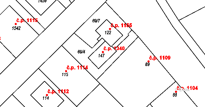 Litovel 1340 na parcele st. 147 v KÚ Chořelice, Katastrální mapa