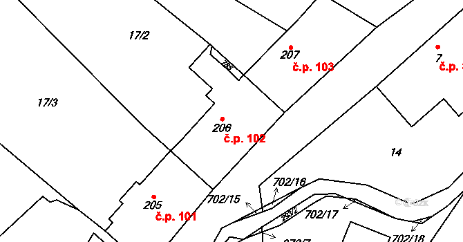 Teplice nad Metují 102 na parcele st. 206 v KÚ Teplice nad Metují, Katastrální mapa
