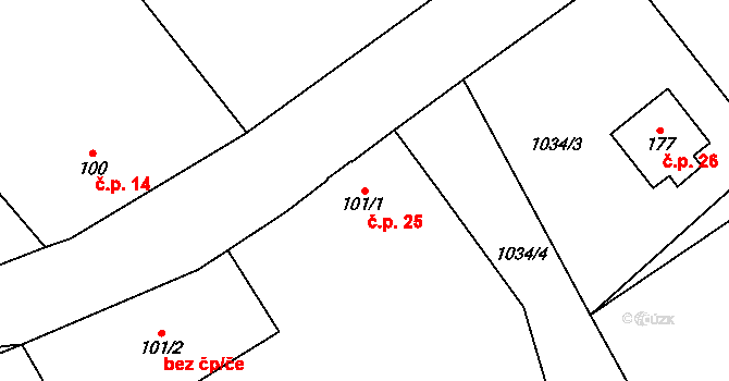 Žabokrky 25, Hronov na parcele st. 101/1 v KÚ Žabokrky, Katastrální mapa