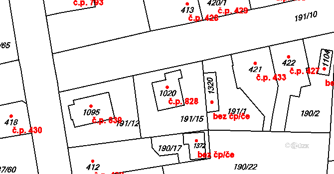 Svítkov 828, Pardubice na parcele st. 1020 v KÚ Svítkov, Katastrální mapa