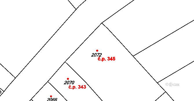 Hrušky 345 na parcele st. 2072 v KÚ Hrušky, Katastrální mapa