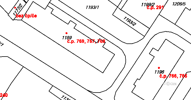 Valtice 767,768,769 na parcele st. 1189 v KÚ Valtice, Katastrální mapa