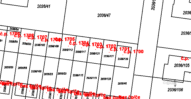 Nové Město na Moravě 1702 na parcele st. 2036/121 v KÚ Nové Město na Moravě, Katastrální mapa